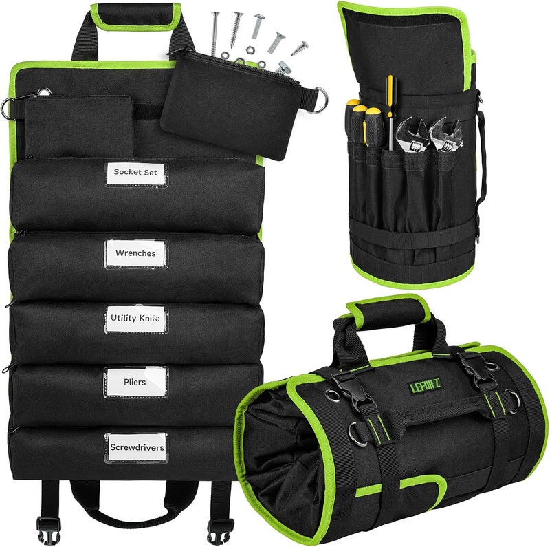 LEFORZ Tool Bag,Large Roll Up Tool Bag Organizer,13 Pockets Tool Roll Storage Pouch,Heavy Duty Portable Tool Storage Carrier Bag for Men,Mechanic,Electrician & Hobbyist,Black/Green - Image 1